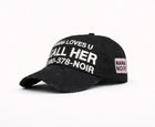 Angled side view of CALL HER distressed black dad cap with white embroidery and pink Nana Noir patch