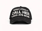 Front view of CALL HER distressed black dad cap with white slogan embroidery