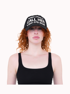Model wearing the CALL HER distressed black dad cap with white slogan embroidery