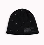 BACK HOME black ribbed beanie with silver studs and tonal Nana Noir patch, front view